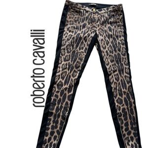 Roberto Cavalli Leopard-Print Skinny Pants with Black Side Panels